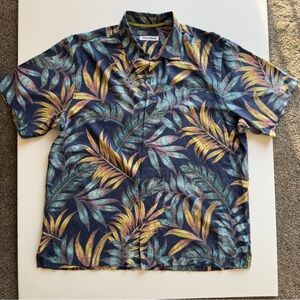 Tommy Bahama 70% silk, XL Navy Multicolor Tropical Leaf Short-Sleeve Shirt